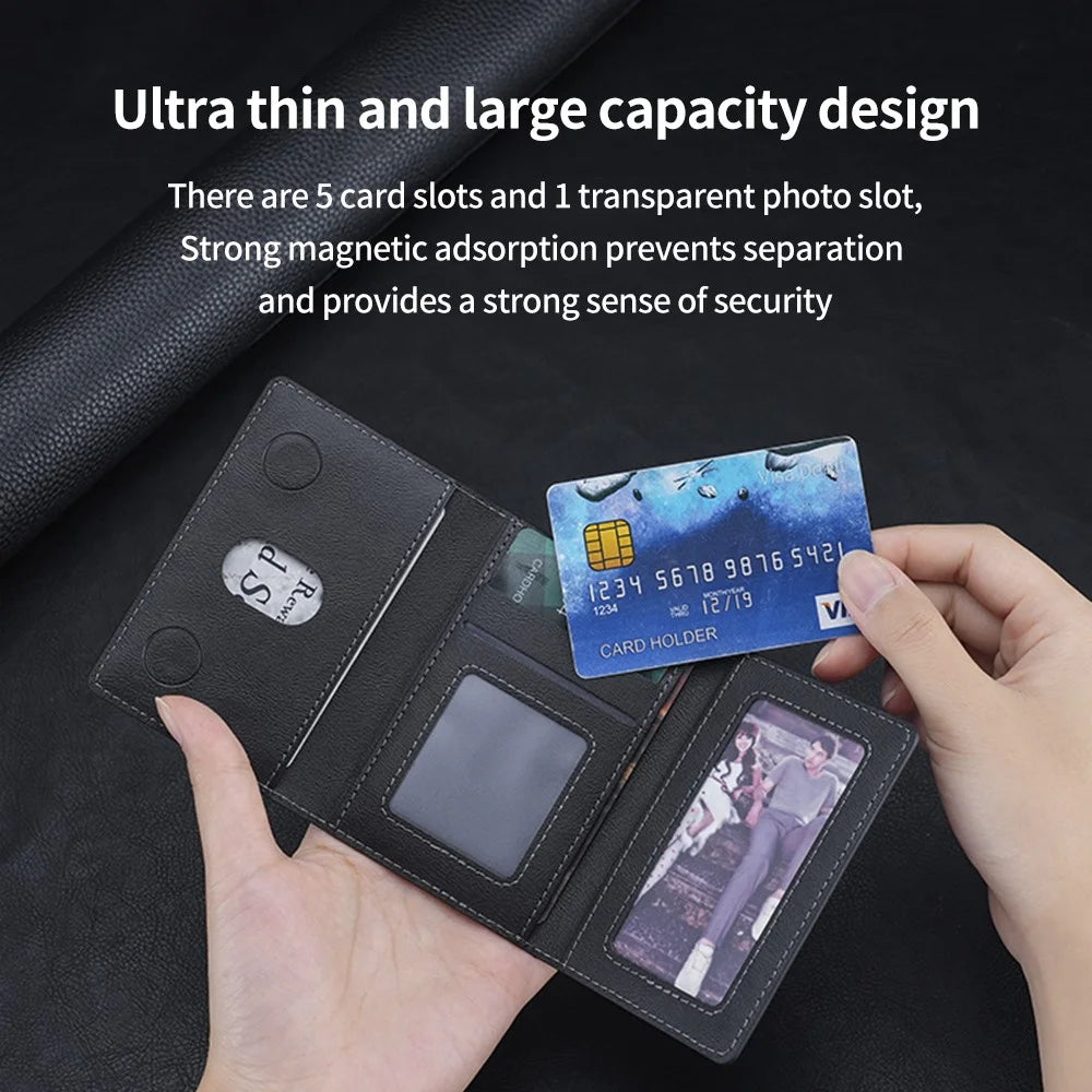 Magnetic Card Holder PU Leather Tri-Fold Phone Card Wallet with Kickstand Function - Black - 5