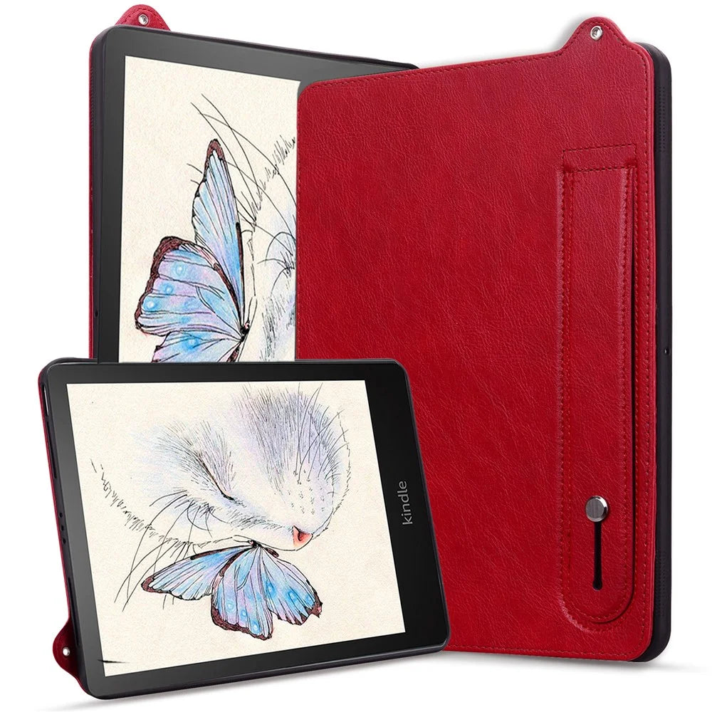 For Amazon Kindle 6" (2022) Case Hand Strap Kickstand Leather Tablet Cover - Red - 5