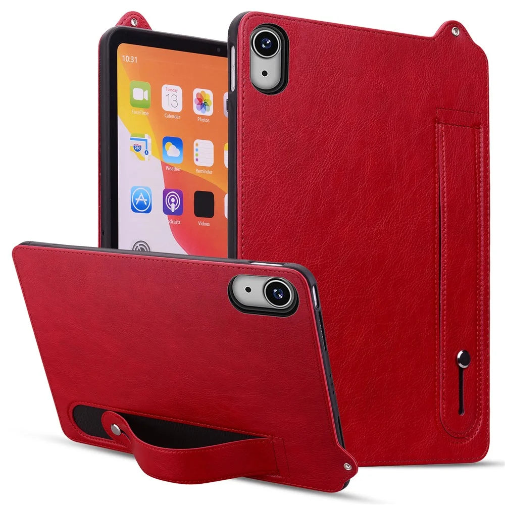 For iPad mini (2024) (A2996 A2995) / mini (2021) (A2568) Case Hand Strap Kickstand Leather Tablet Cover - Red - 1