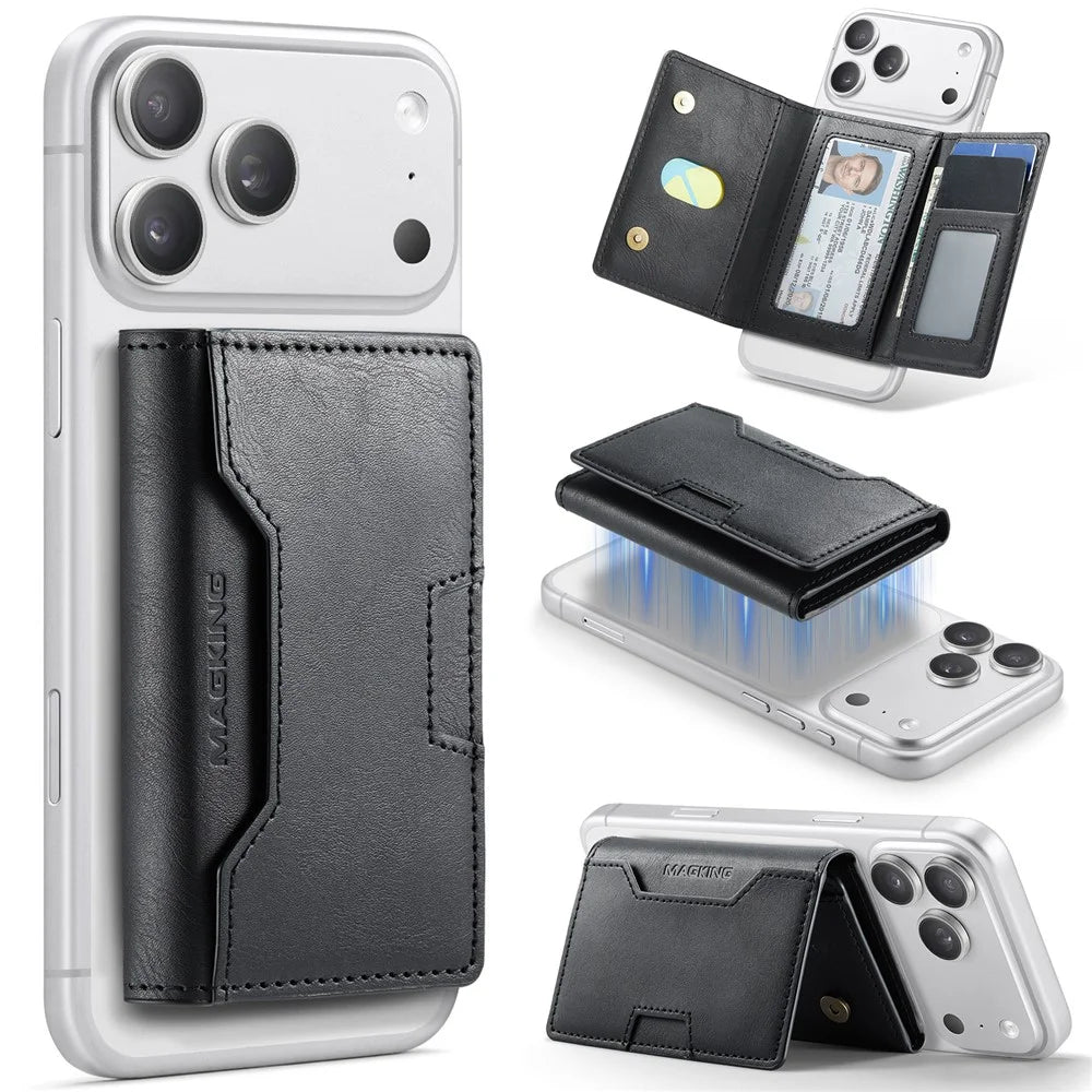 MAGKING K4 Card Holder Tri-Fold Magnetic RFID Blocking PU Leather Wallet - Black - 1