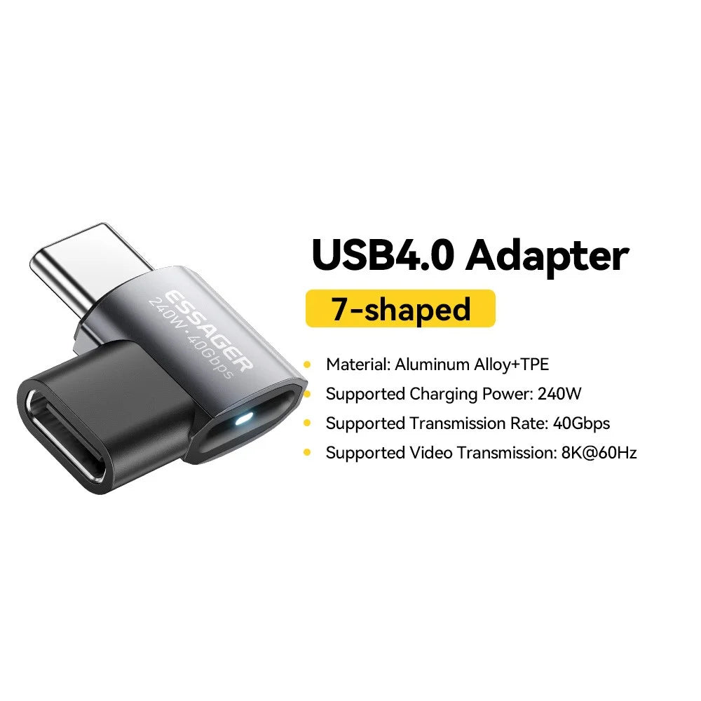 ESSAGER USB4.0 Data Adapter for Micro USB to Type-C 40Gbps Data Transfer 240W PD Fast Charging Adapter - Grey / 7-Shaped - 2