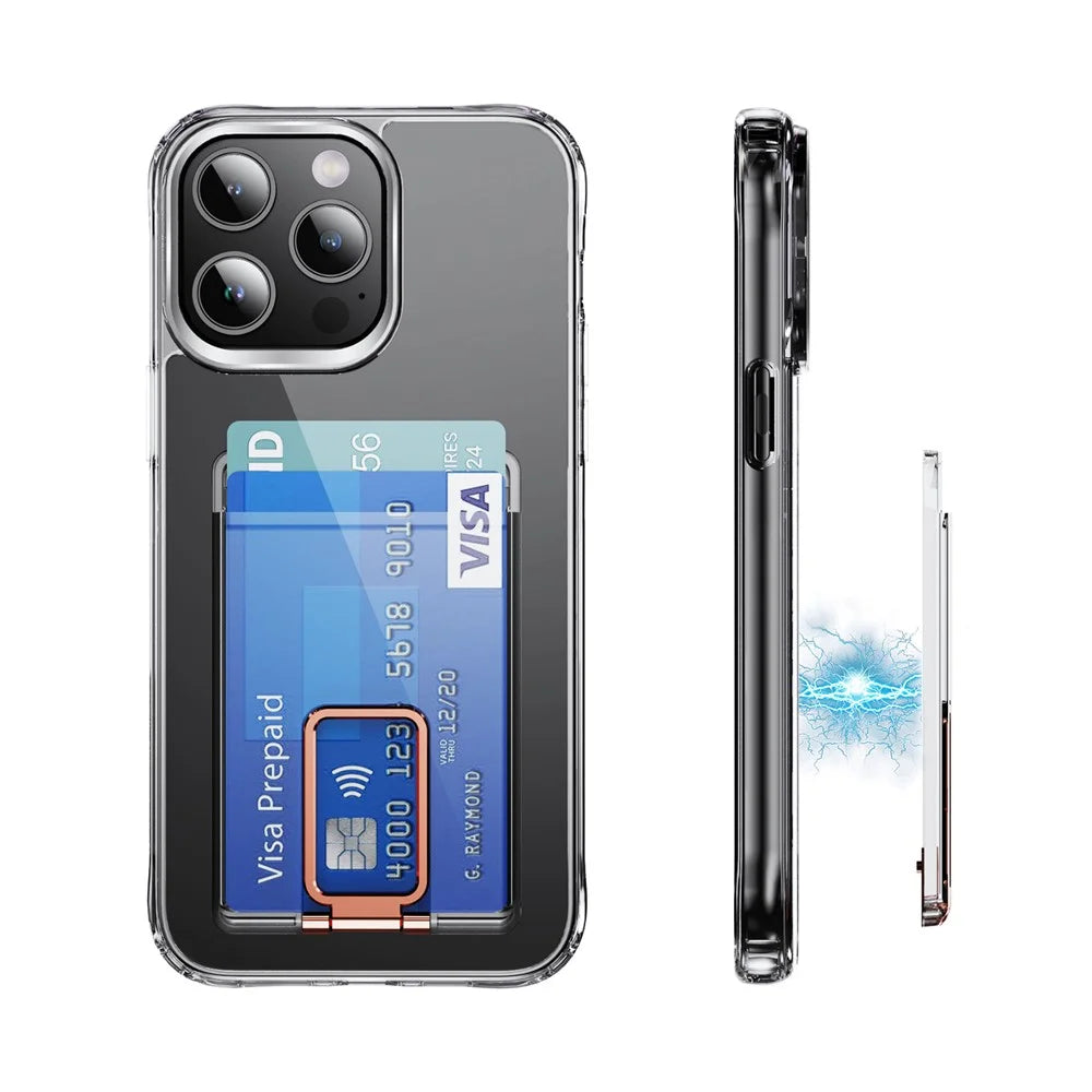 Magnetic Card Holder with Kickstand RFID Blocking Transparent Anti Scratch Design Slim Phone Card Case - Rose Gold - 2