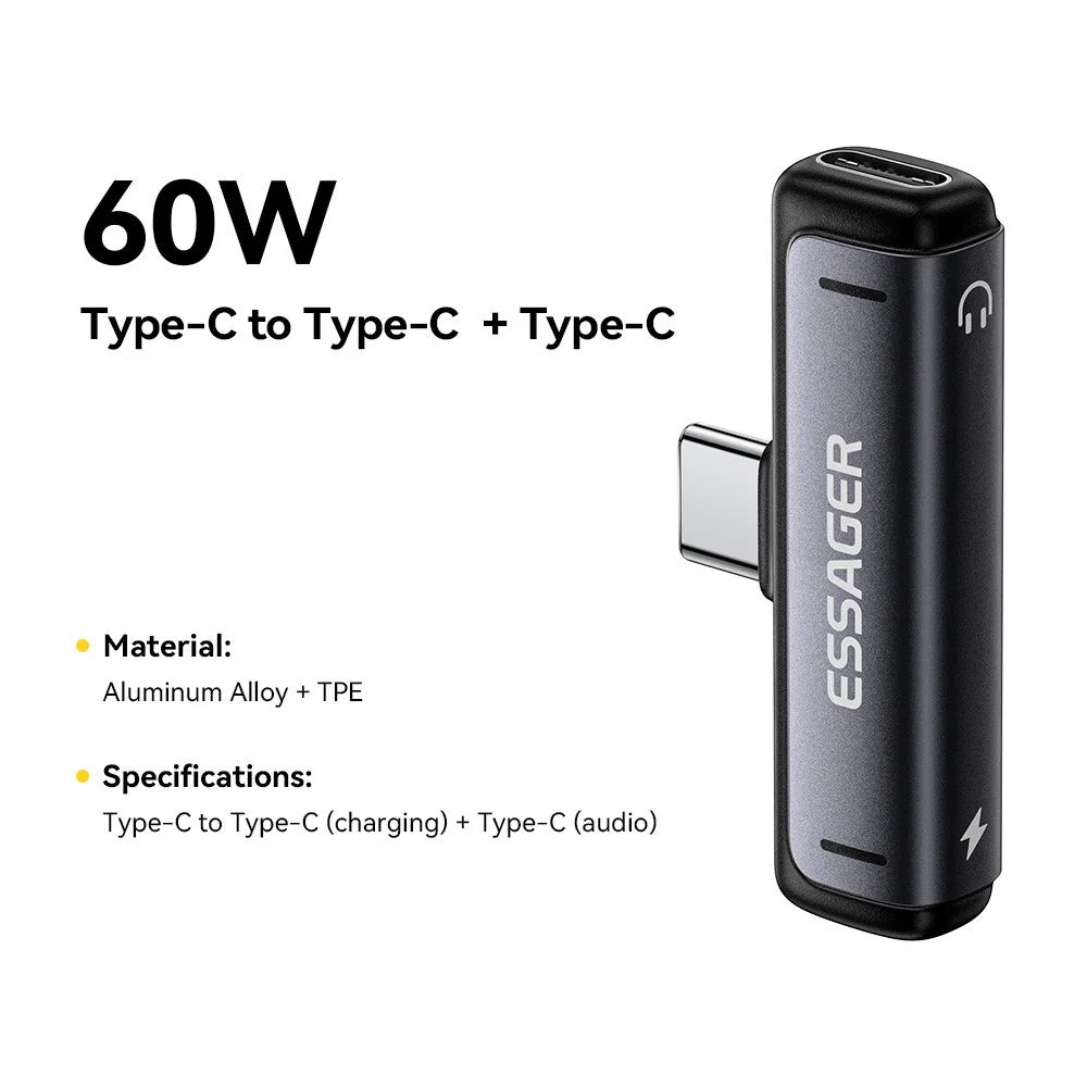 ESSAGER Type-C to Type-C Audio Charging Adapter 2 in 1 60W PD Fast Charging Converter for Phone Tablet - 2