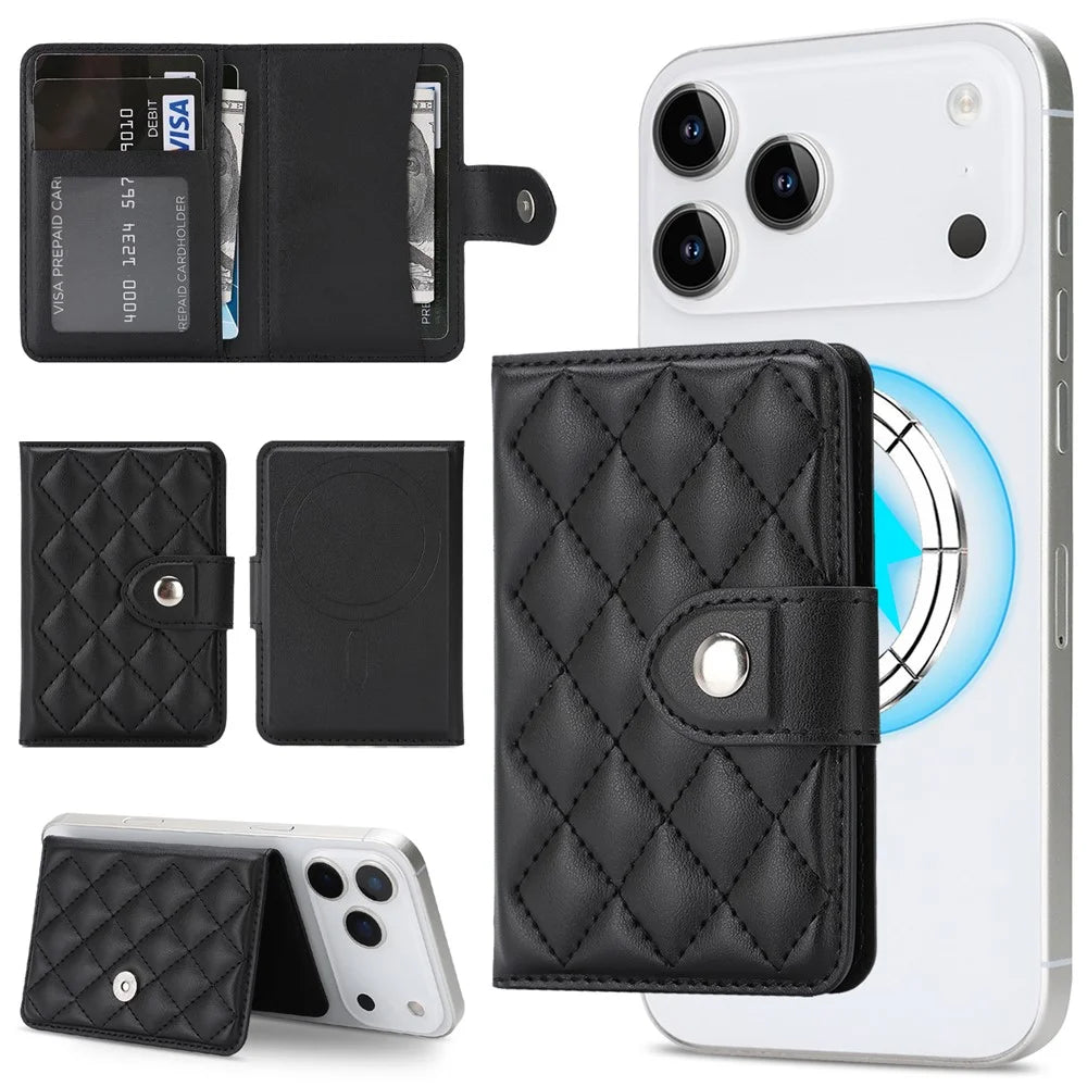 Magnetic Card Holder Wallet for iPhone 17 / 16 / 15 / 14 / 13 / 12 Series PU Leather Foldable Phone Kickstand - Black - 1