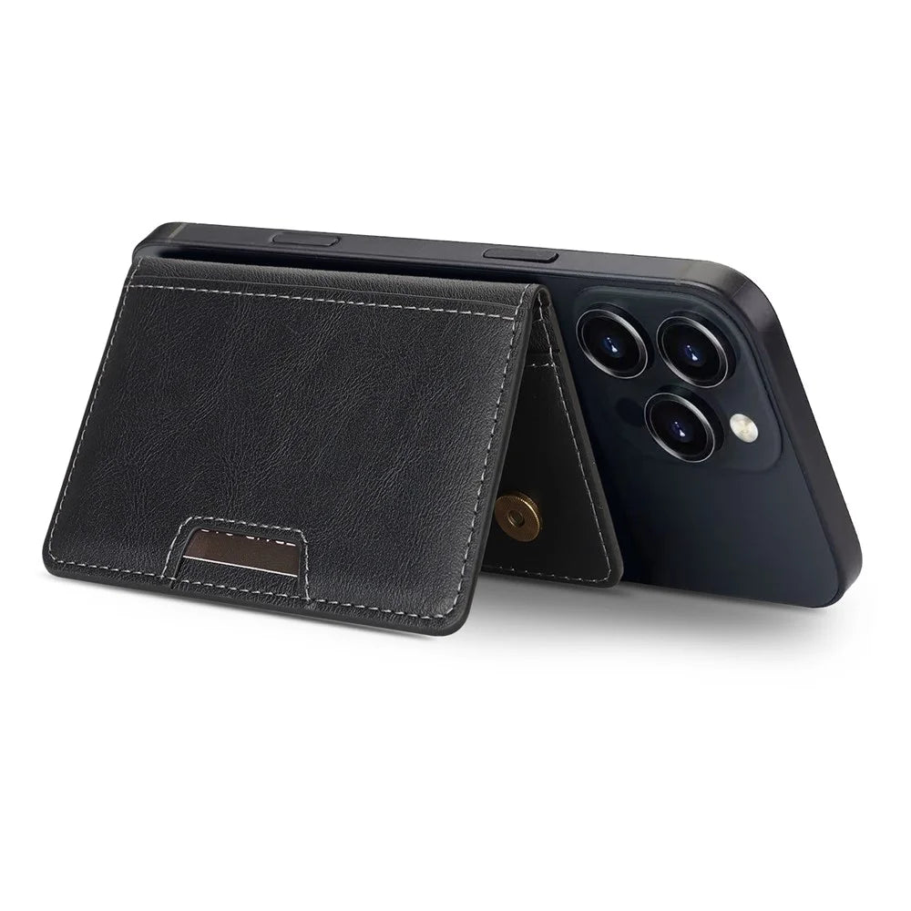 Magnetic Card Slots Holder PU Leather Wallet Sleeve Attachment Phone Stand - Black - 4