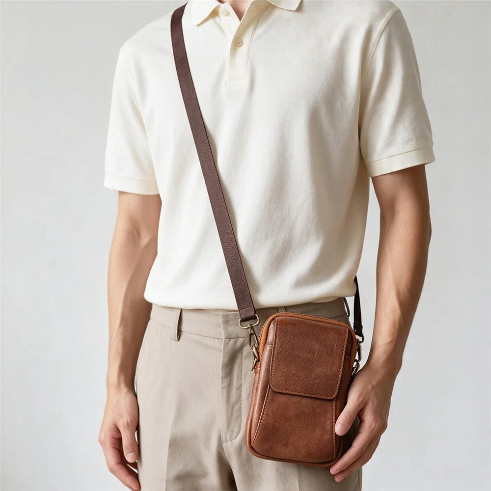 Waist Bag Vintage PU Leather Cellphone Holder Holster Multifunctional Sling Crossbody Shoulder Bag - Brown - 2