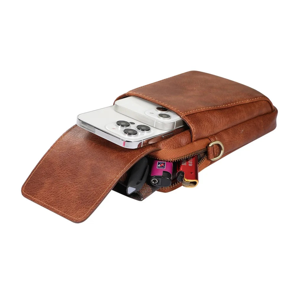 Waist Bag Vintage PU Leather Cellphone Holder Holster Multifunctional Sling Crossbody Shoulder Bag - Brown - 4