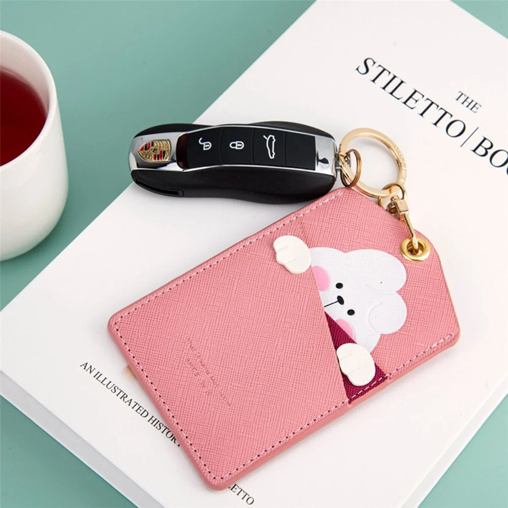 Cute Cartoon Animal ID Badge Holder with Key Ring PU Leather Card Holder Case - Bear - 5