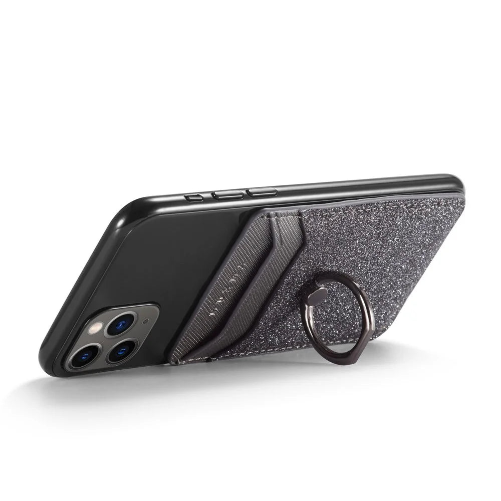 MUXMA MX112 Ring Stand Phone Card Holder Sand Texture PU Leather  RFID Blocking Adhesive Card Pocket - Black - 2