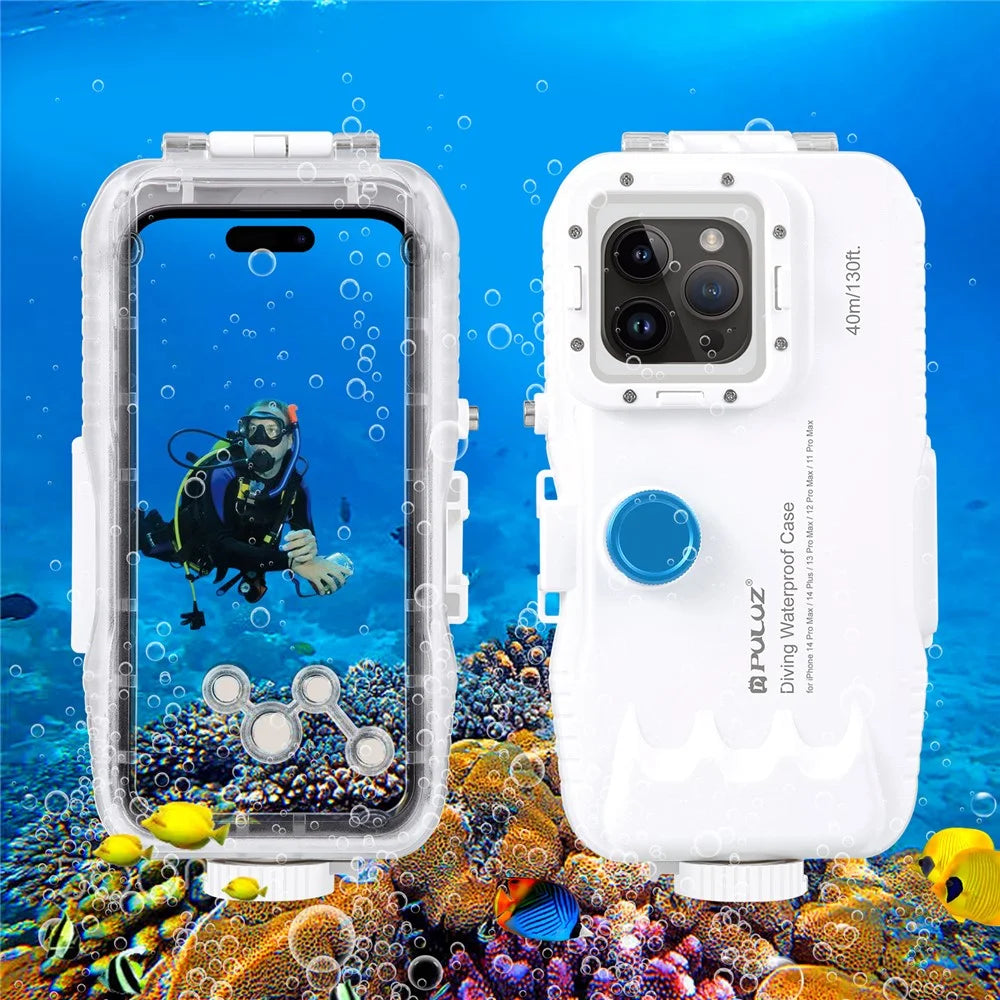 PULUZ PU9116W For iPhone 15 Pro Max / 15 Plus / 14 Plus / 14 Pro Max / 13 Pro Max / 12 Pro Max / 11 Pro Max Waterproof Case 40m / 130ft Underwater PC+Glass Phone Cover (Upgraded Version) - 1