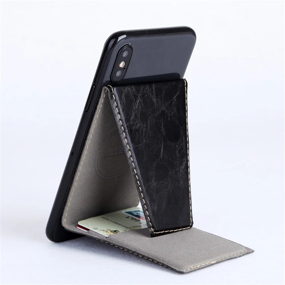MRC05 Phone Card Holder Kickstand PU Leather Cards Case Support Magnetic Car Mount - Black - 2