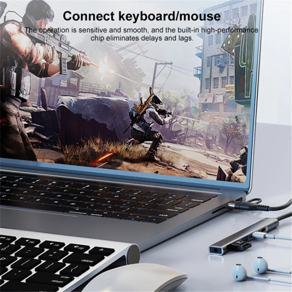 Type-C / USB-A 5-in-1 USB Hub Type-C Charging + Type-C Data + 2xUSB + 3.5mm Headset Jack Adapter - Grey - 4