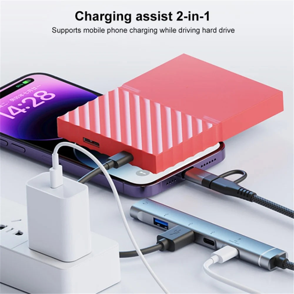 Type-C / USB-A 5-in-1 USB Hub Type-C Charging + Type-C Data + 2xUSB + 3.5mm Headset Jack Adapter - Grey - 7