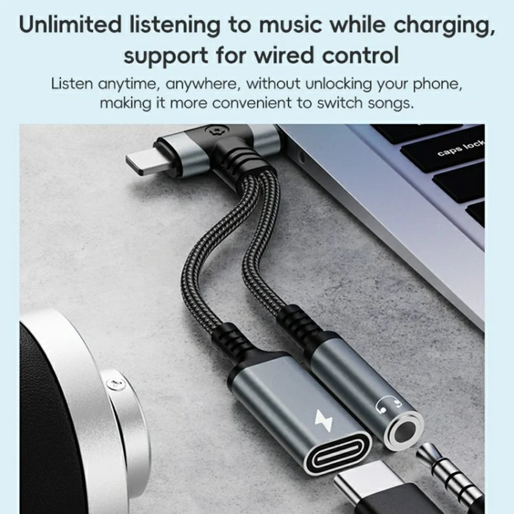 8 Pin / Type-C to Type-C + 3.5mm Audio Converter Nylon Braided Cable Support 10W Fast Charging - Grey - 4