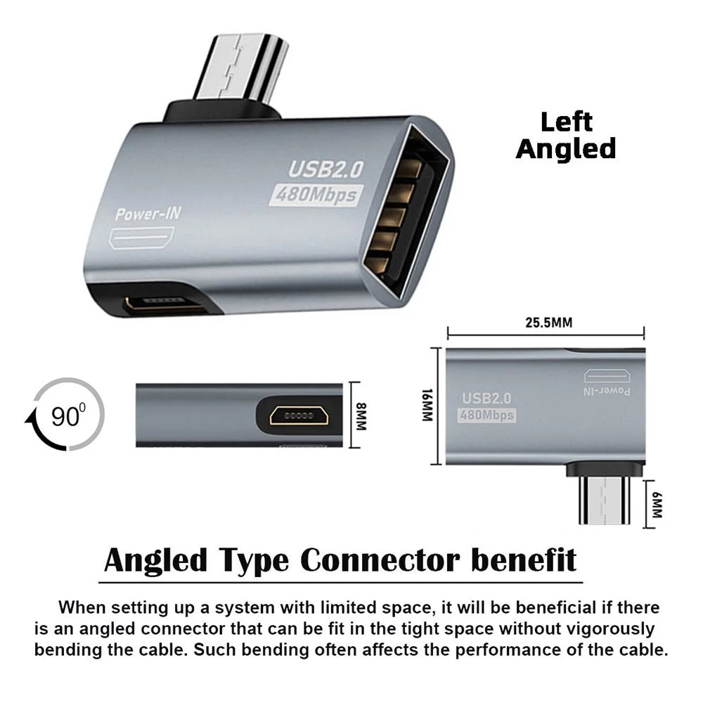 U2-009-LE 90 Degree Left Angled Micro USB 2.0 to Type-A Female OTG Adapter with USB Power for Phone Tablet - 7