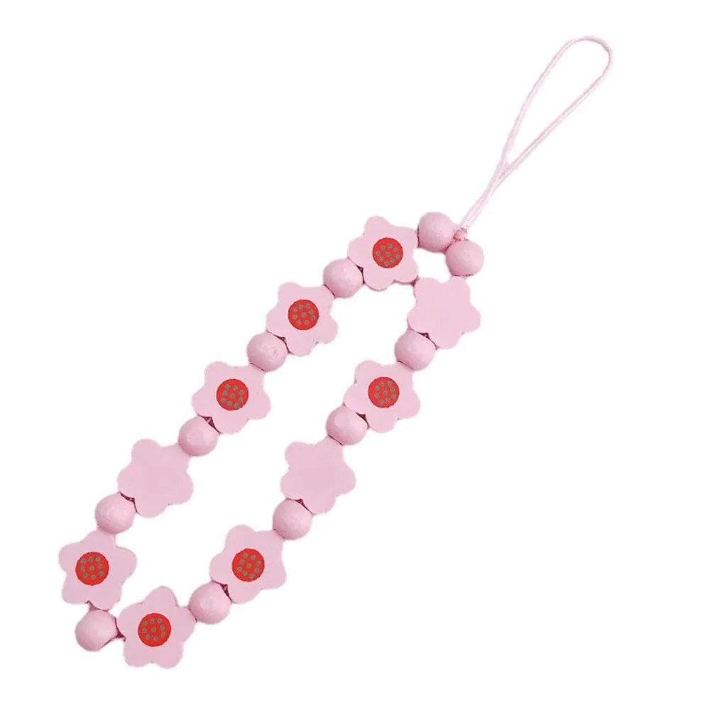Flower Wood Beads Phone Chain Handwork Cellphone Case Pendant Wrist Strap - Pink - 1