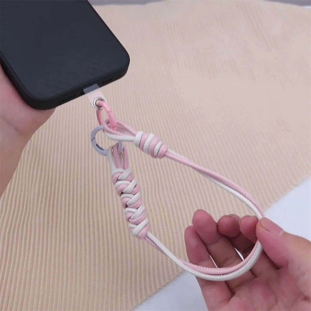 Vibrant Colored PU Leather Phone Case Lanyard with Keychain, Anti-Loss Cell Phone Strap - Pink / White - 2