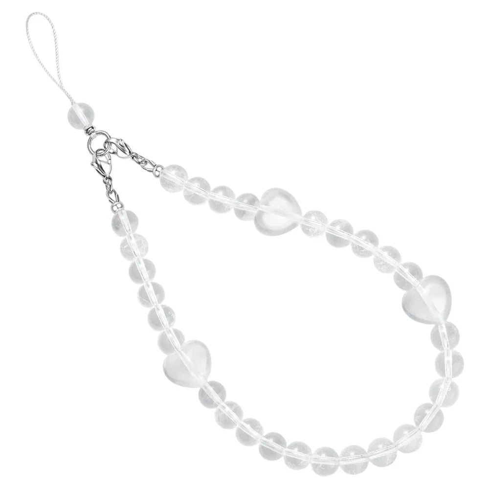 YISIXICI SJL0005 White Crystal Charm Bracelet Heart Design 8mm Round Bead Phone Wrist Lanyard - 2