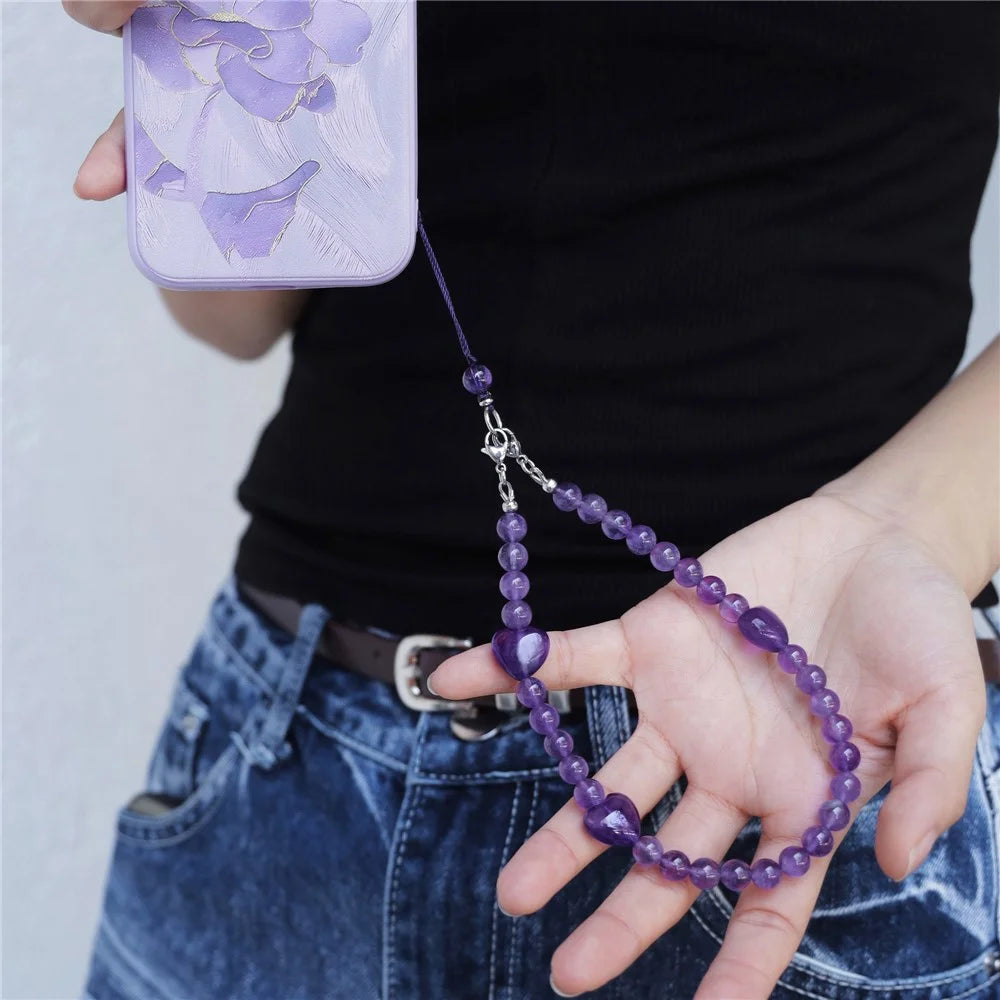 YISIXICI SJL0007 Amethyst Charm Bracelet Heart Design 8mm Round Bead Phone Wrist Lanyard - 2