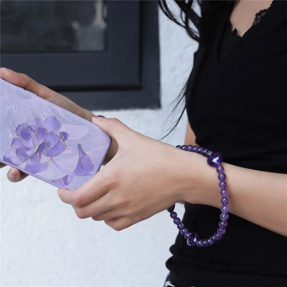 YISIXICI SJL0007 Amethyst Charm Bracelet Heart Design 8mm Round Bead Phone Wrist Lanyard - 6