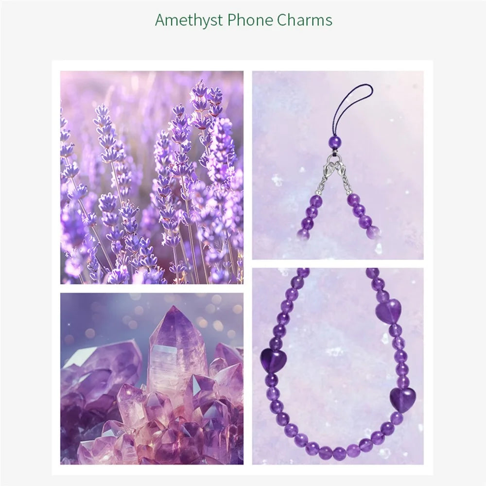 YISIXICI SJL0007 Amethyst Charm Bracelet Heart Design 8mm Round Bead Phone Wrist Lanyard - 7