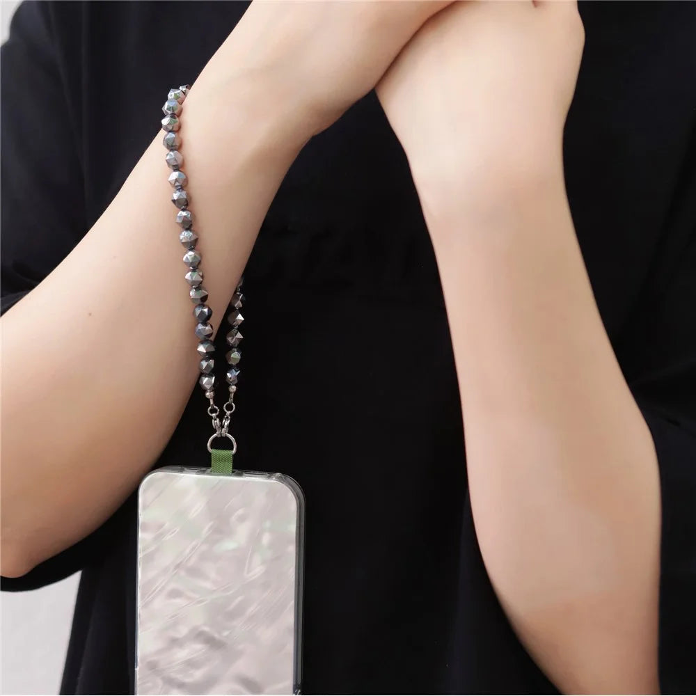 YISIXICI SJL0026 Terahertz Stone Phone Charm Strap 8mm Polygonal Beads Bracelet Wrist Lanyard - 3