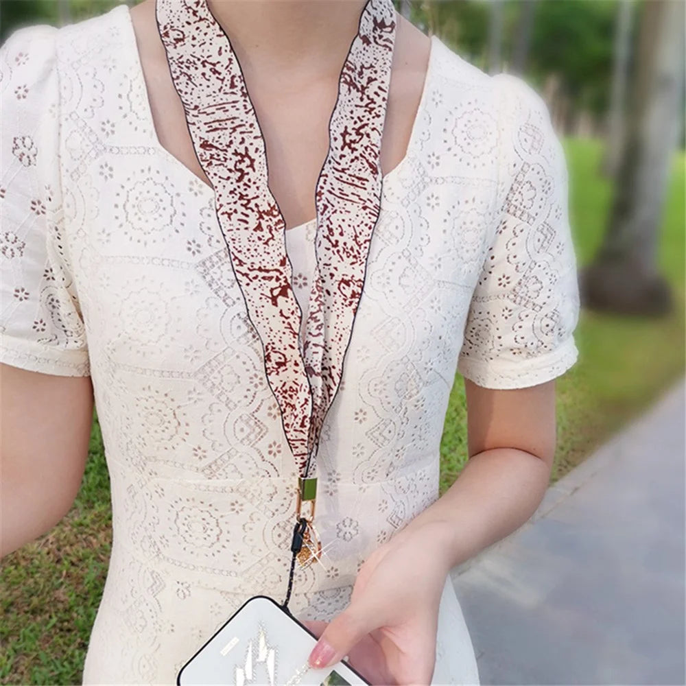 Scarf Style Ink Floral Universal Phone Lanyard Metal Pendant ID Badge Keychain Phone Neck Strap - Beige - 5