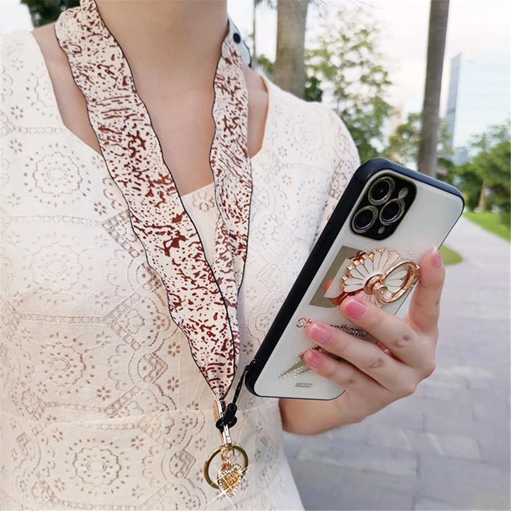 Scarf Style Ink Floral Universal Phone Lanyard Metal Pendant ID Badge Keychain Phone Neck Strap - Beige - 6