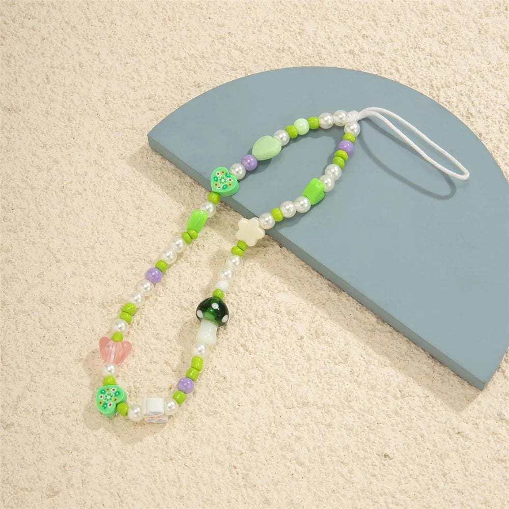 20cm Phone Lanyard Mushroom Pearl Tassel Design Acrylic Beaded Strap Wrist Chain Mobile Accessory - 0034 - 3