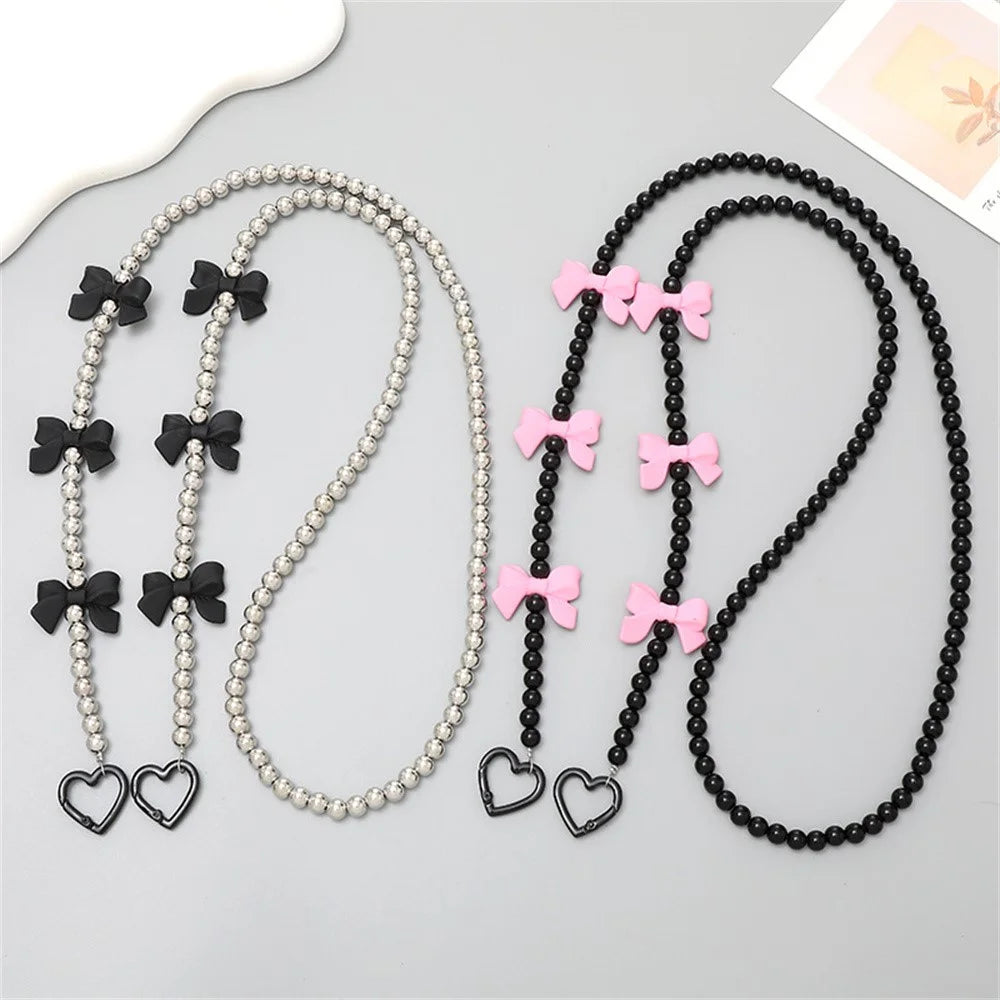 120cm Beaded Crossbody Chain with Cute Bowknot Charm Phone Lanyard Strap for Women - K621 / Black Beads - 4