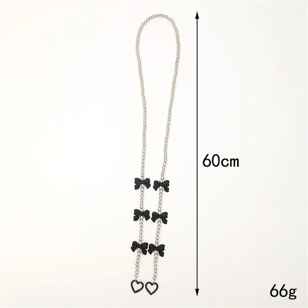 120cm Beaded Crossbody Chain with Cute Bowknot Charm Phone Lanyard Strap for Women - K621 / Black Beads - 5