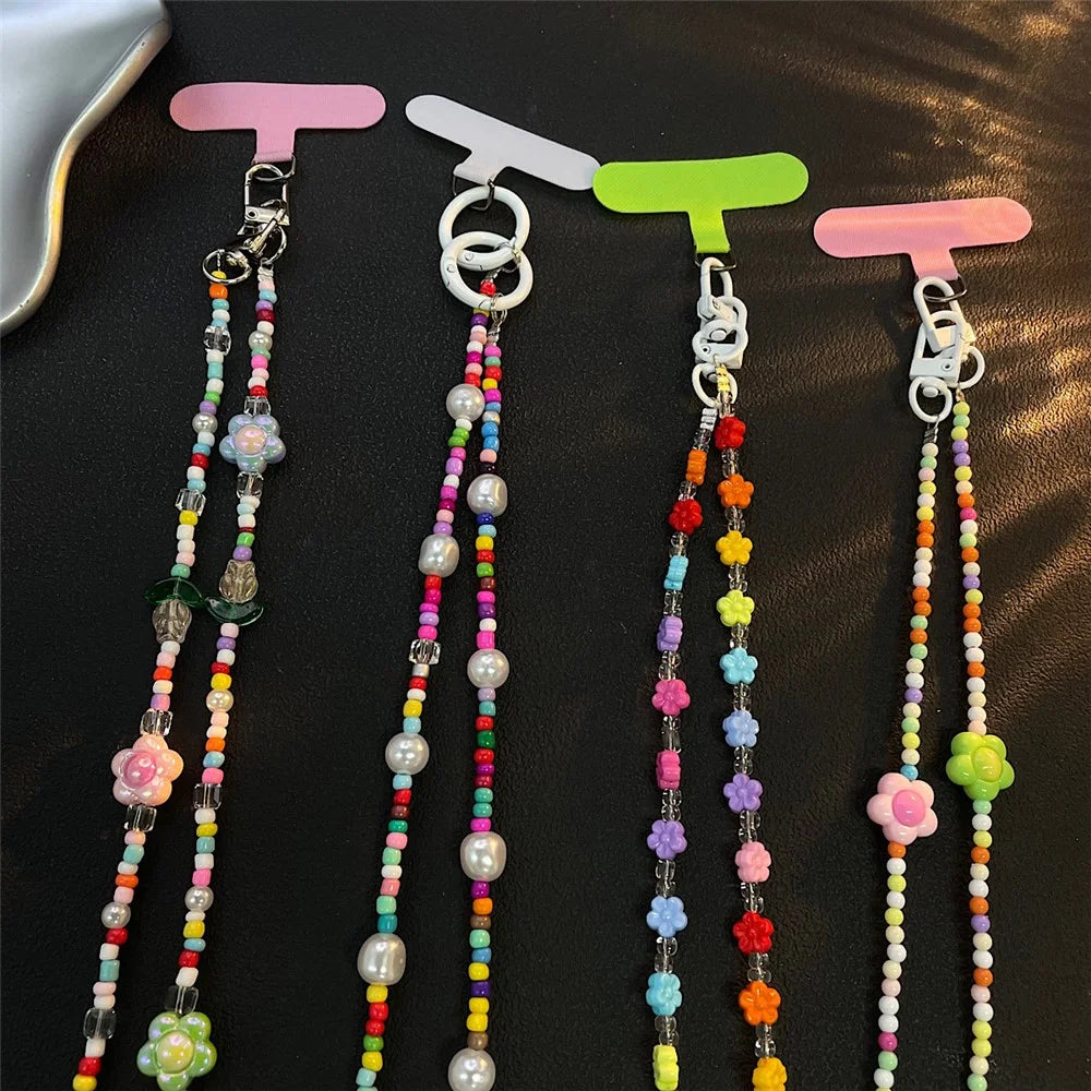 120cm Colorful Beaded Phone Lanyard Strap Crossbody Chain with Tether Tab for Phone Case Camera Bag - Colorful Flowers / Transparent Beads - 2