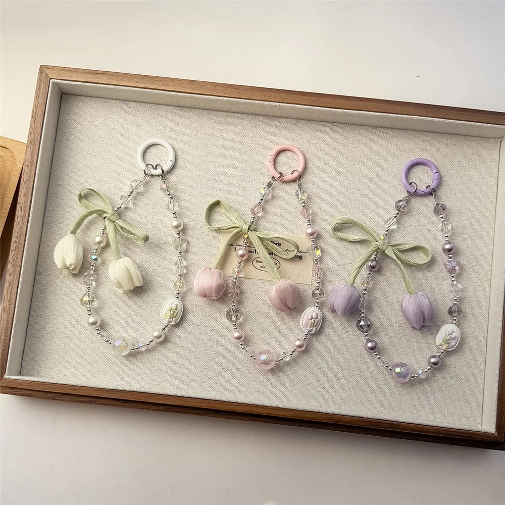 A1153 30cm Tulip Bow Pendant Phone Lanyard Crystal Pearl Beaded Phone Charm Wrist Strap with Removable Blank White Card - Pink - 4