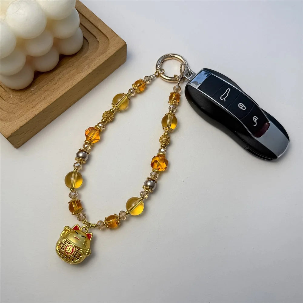 A1162 30cm Phone Charm Wrist Strap Lucky Cat Beaded Keychain Crystal Glass Metal Beads Lanyard with Removable Blank White Card - Gold - 2
