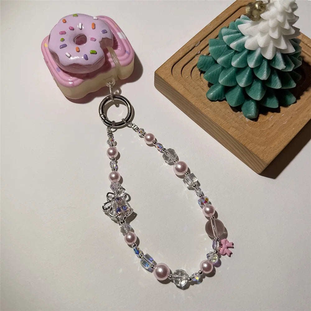 A1167 30cm Phone Charm Strap Zircon Bell Pearl Crystal Beaded Keychain Wrist Phone Lanyard with Removable Blank White Card - White - 4