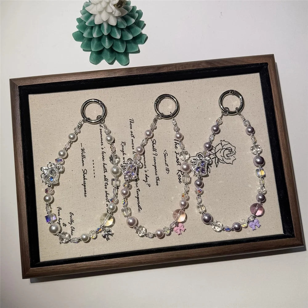 A1167 30cm Phone Charm Strap Zircon Bell Pearl Crystal Beaded Keychain Wrist Phone Lanyard with Removable Blank White Card - White - 5