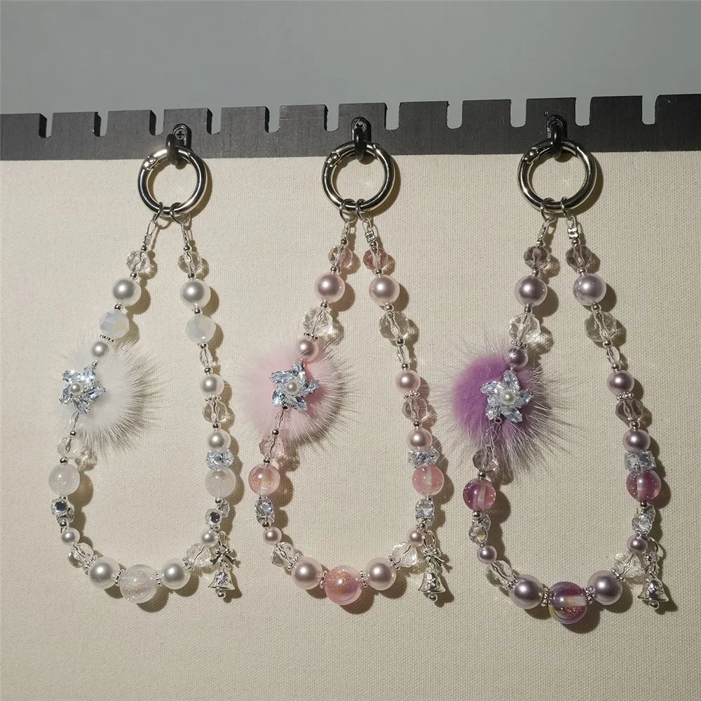 A1172 30cm Phone Strap Mink Fur Five Petal Flower Faux Pearl Crystal Keychain Charm Lanyard with Removable Blank White Card - White - 4