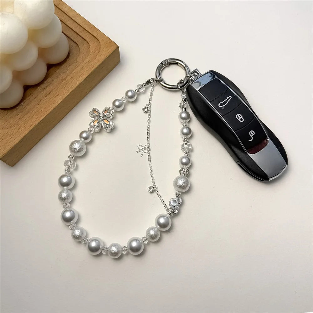 A1182 30cm Phone Lanyard Four Leaf Clover Pearl Beaded Crystal Butterfly Phone Strap Keychain Charm with Removable Blank White Card - White - 3