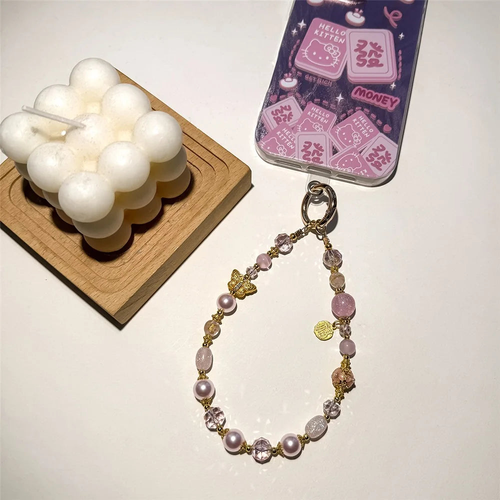 A1194 30cm Phone Strap Crystal Butterfly Charm Beaded Chain Wrist Lanyard with Removable Blank White Card Phone Accessory - Pink - 2