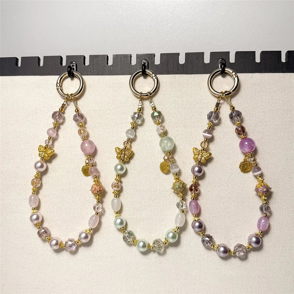 A1194 30cm Phone Strap Crystal Butterfly Charm Beaded Chain Wrist Lanyard with Removable Blank White Card Phone Accessory - Pink - 4