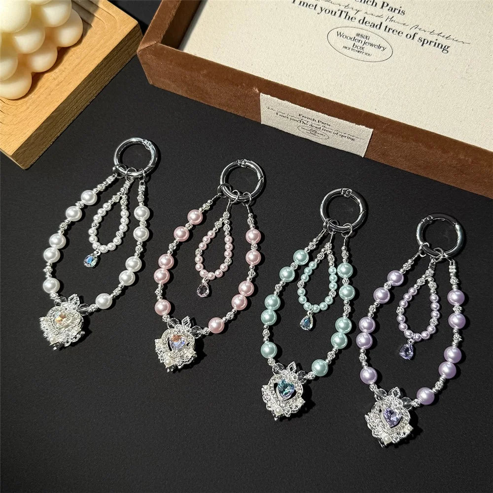 A1205-K9 30cm Phone Strap Pearl Crown Pendant Keychain Crystal Rhinestone Mobile Phone Lanyard Charm with Removable Blank White Card - White - 3