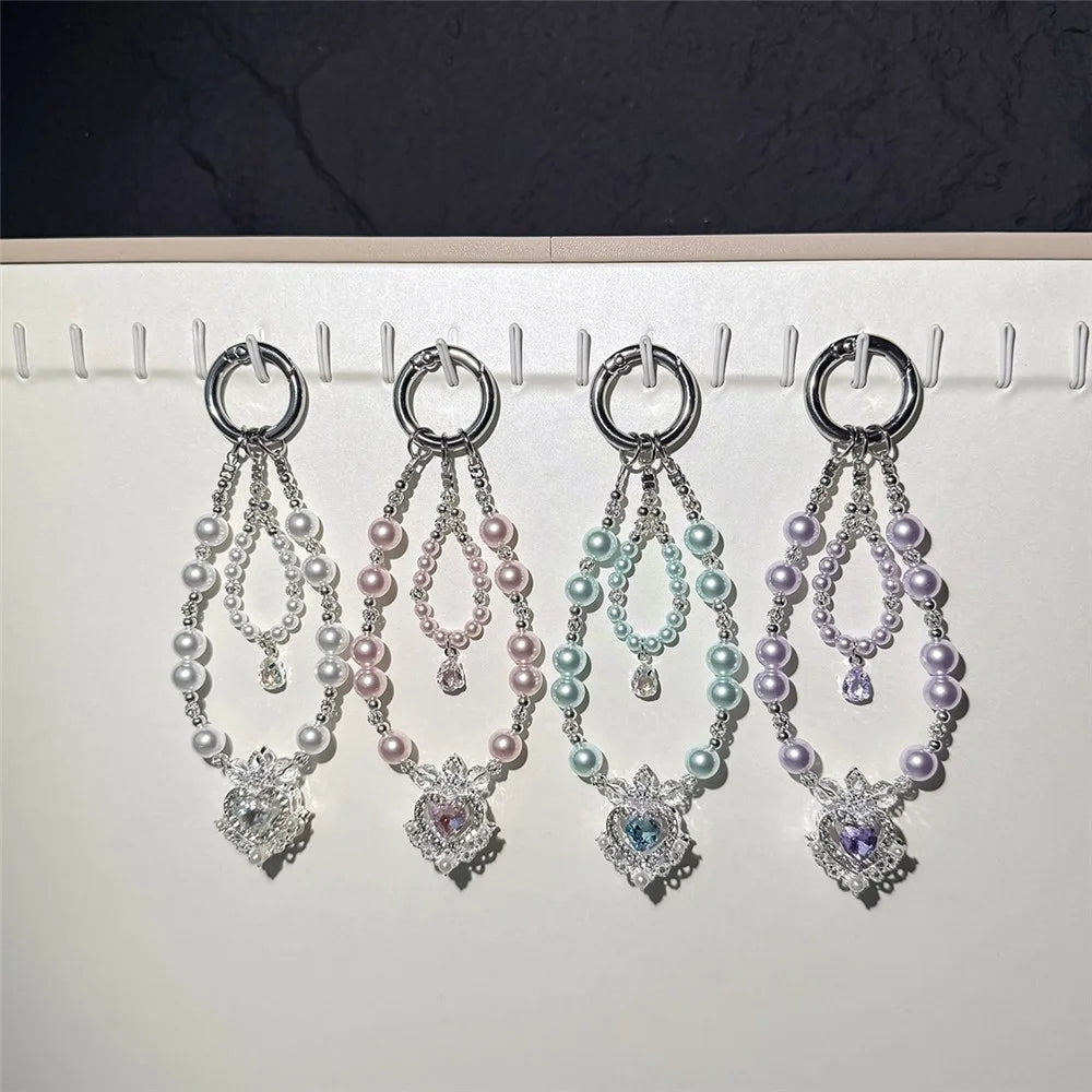 A1205-K9 30cm Phone Strap Pearl Crown Pendant Keychain Crystal Rhinestone Mobile Phone Lanyard Charm with Removable Blank White Card - White - 4