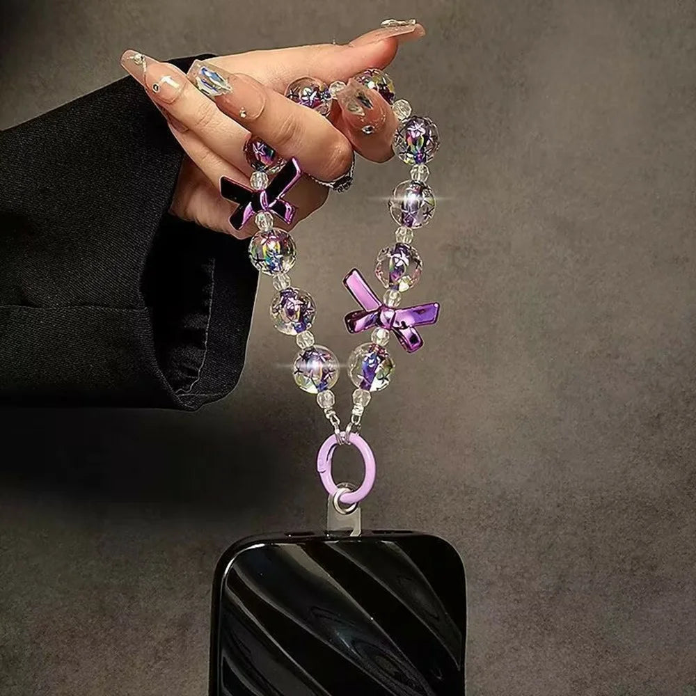 17cm Purple Bow Beaded Phone Strap Wrist Lanyard Chain Charm Accessory with Ring Holder / Tether Tab - 2