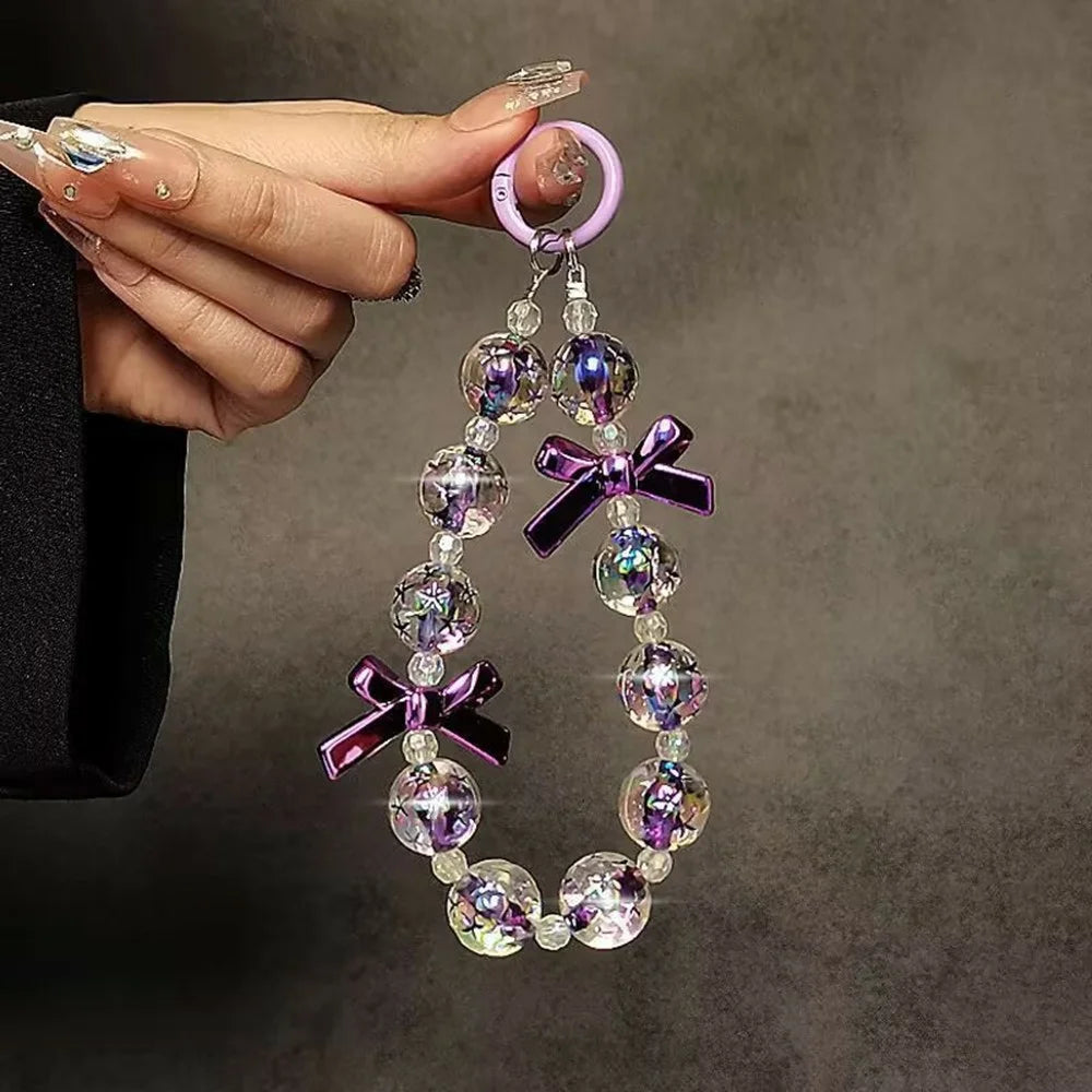 17cm Purple Bow Beaded Phone Strap Wrist Lanyard Chain Charm Accessory with Ring Holder / Tether Tab - 4