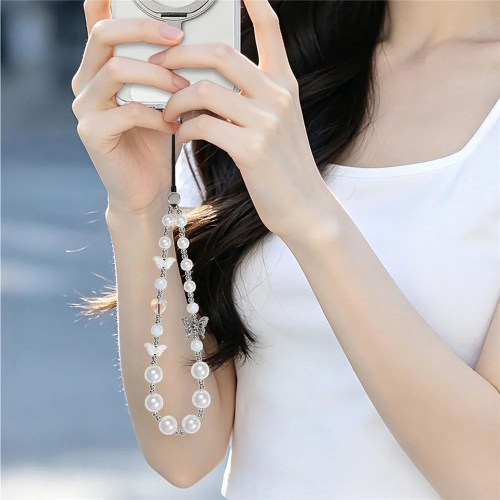 17cm Pearl Butterfly Beaded Phone Lanyard Wrist Strap Anti-Lost Phone Bracelet Keychain Charm - 2