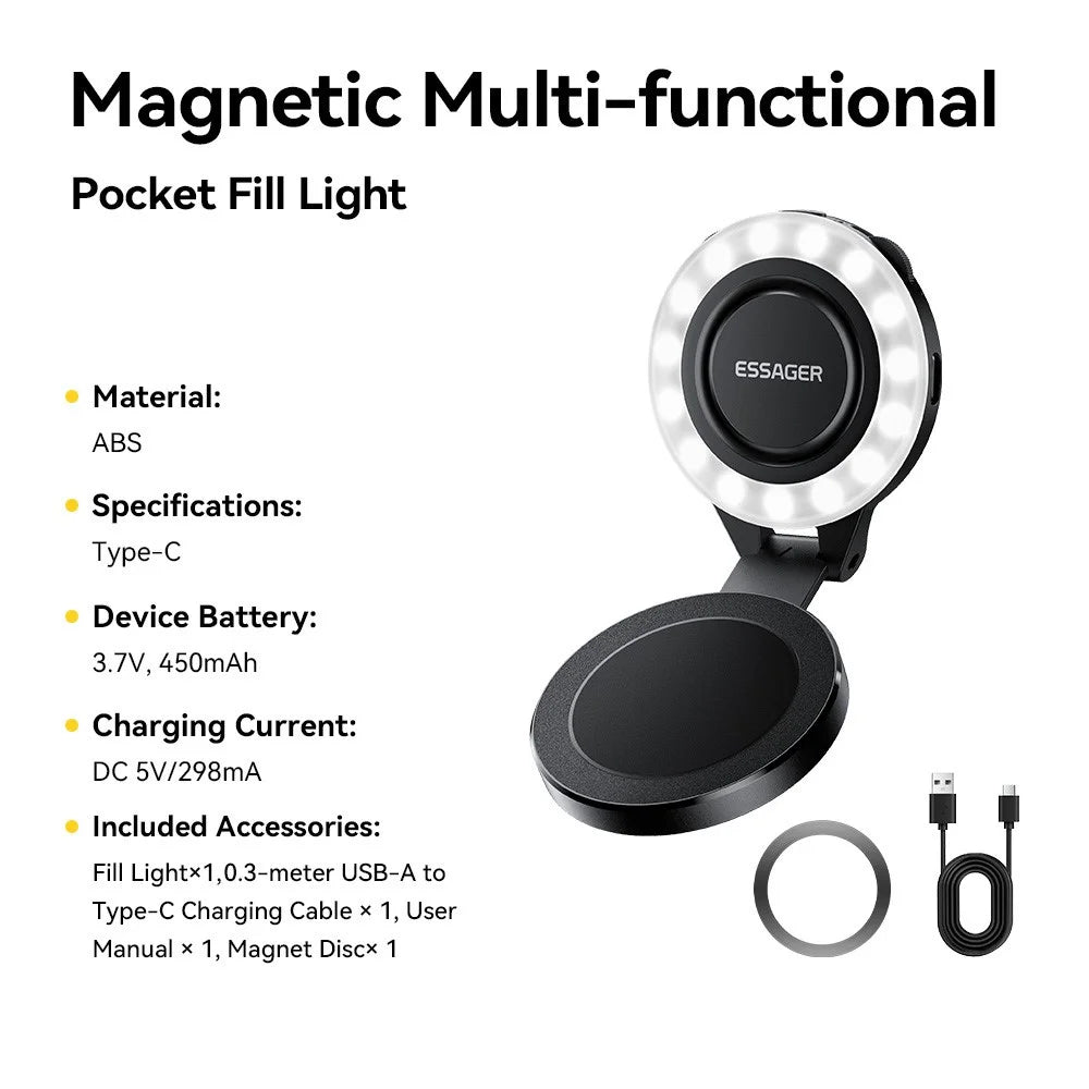 ESSAGER D13 Magnetic Multi-functional Pocket Fill Light Ring-Shaped Softbox Design 3-Color Temperature Adjustable Selfie Light for Photography - Black - 2