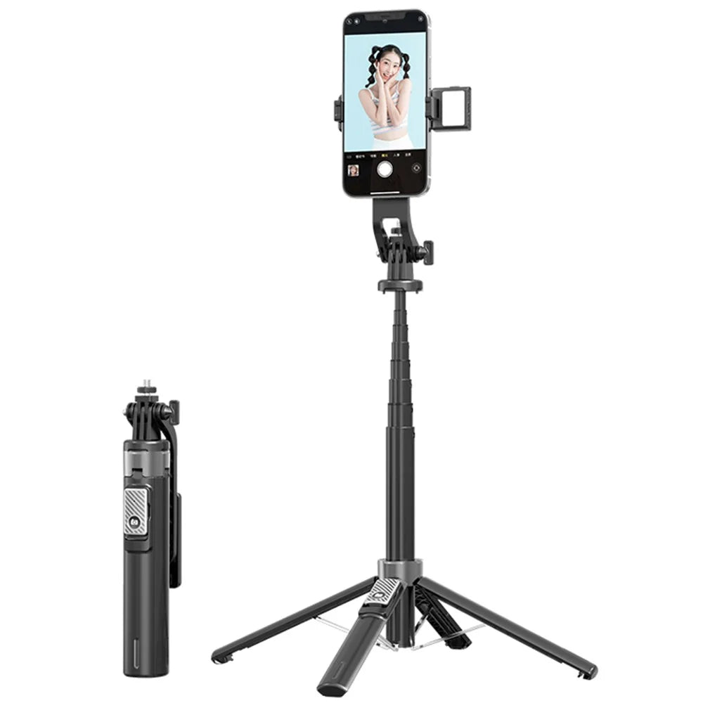P135-V1 Selfie Stick Stable 4-Leg Tripod Phone Holder Stand with Remote Control+Single Fill Light - Black - 1