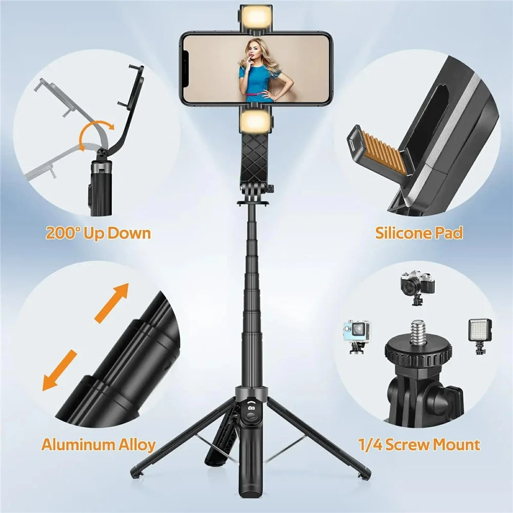 P07 2nd Gen V1 Phone Holder Selfie Stick 4-Leg Floor Stand with Bluetooth-compatible Remote Control + 1 Fill Light - Black - 3