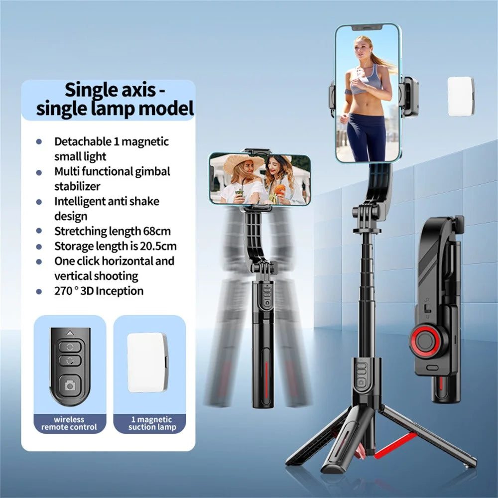 C08 Handheld Stabilizer with 1 Fill Light , Anti-Shake Gimbal Tripod Selfie Stick for Live Streaming - Black+Red - 3