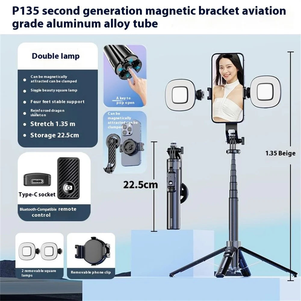 P135 Handheld Phone Selfie Stick Anti-Shake Magnetic Extendable Four-Legged Bracket with 2 Fill Lights - Black - 2